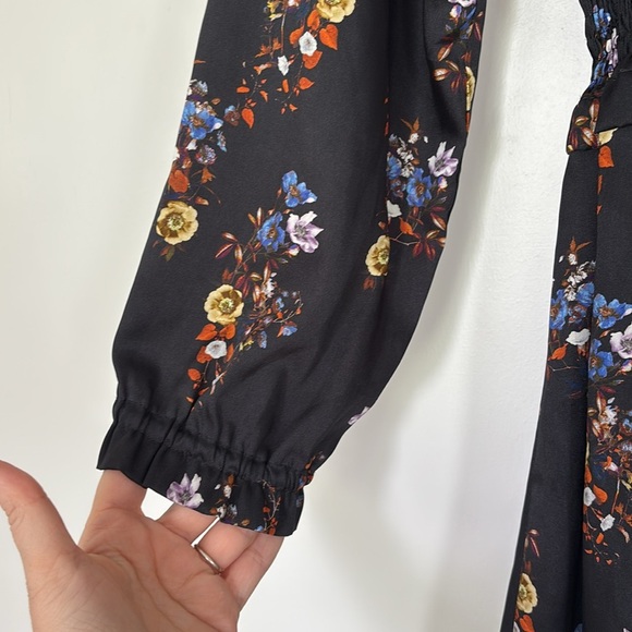 Exclusive Fit n Flare Ruffles Long Sleeve Floral Black Midi Dress Smocked Waist - Picture 3 of 10